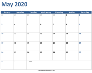 2020 may calendar with notes