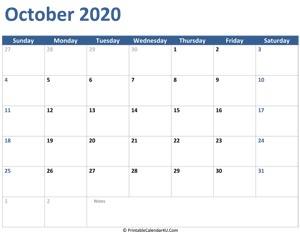 2020 october calendar with notes