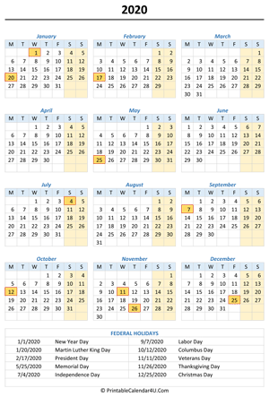 2020 portrait calendar with holidays