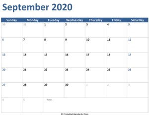 2020 september calendar with notes