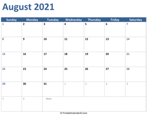 2021 august calendar with notes