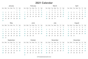 2021 calendar printable landscape layout