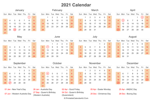 2021 calendar with australia holidays at bottom landscape layout