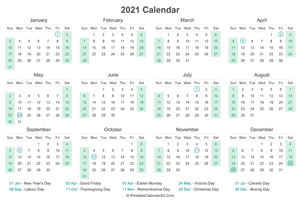 2021 calendar with canada holidays at bottom landscape layout
