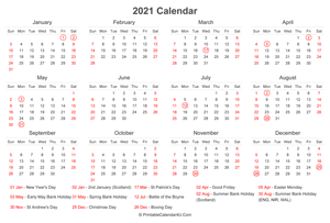 2021 calendar with uk bank holidays at bottom landscape layout