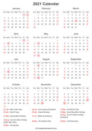 2021 calendar with uk bank holidays at bottom portrait layout