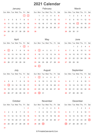 2021 calendar with uk bank holidays highlighted portrait layout