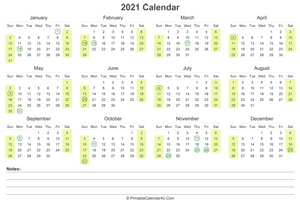 2021 calendar with us holidays and notes landscape layout