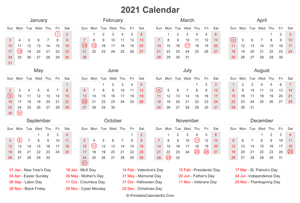 2021 calendar with us holidays at bottom landscape layout