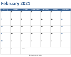 2021 february calendar with notes