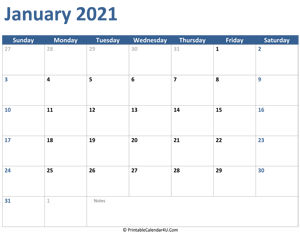 2021 january calendar with notes