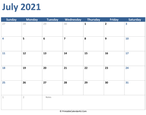 2021 july calendar with notes