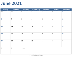 2021 june calendar with notes