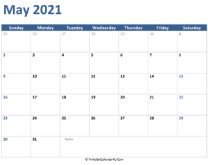2021 may calendar with notes