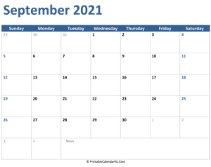 2021 september calendar with notes