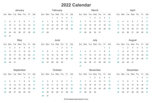 2022 calendar printable landscape layout