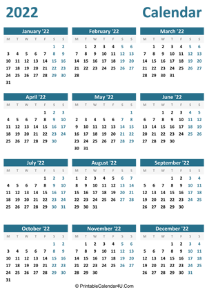 2022 calendar printable portrait layout
