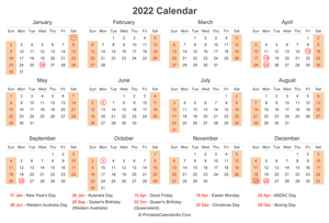 2022 calendar with australia holidays at bottom landscape layout