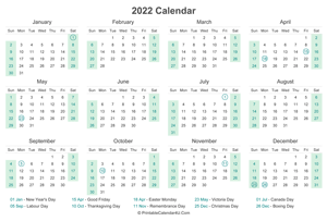 2022 calendar with canada holidays at bottom landscape layout