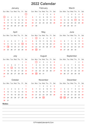 2022 calendar with uk bank holidays and notes portrait layout