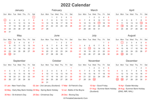 2022 calendar with uk bank holidays at bottom landscape layout