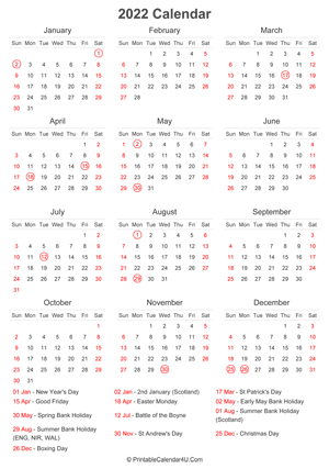 2022 calendar with uk bank holidays at bottom portrait layout