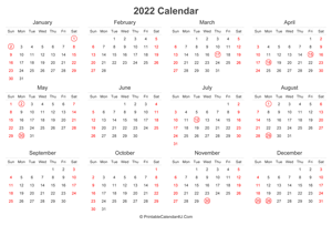 2022 calendar with uk bank holidays highlighted landscape layout