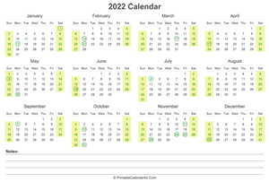 2022 calendar with us holidays and notes landscape layout