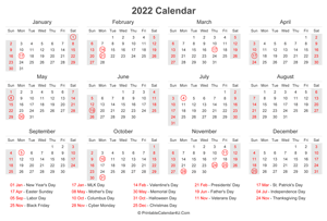 2022 calendar with us holidays at bottom landscape layout