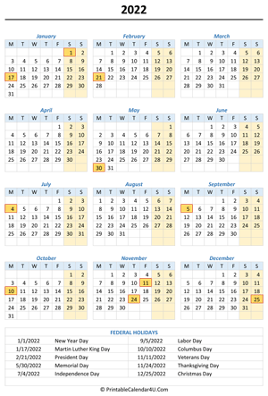 2022 portrait calendar with holidays