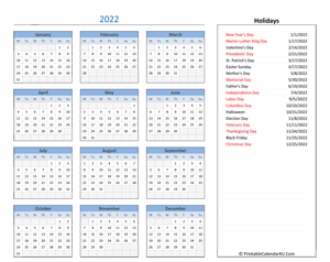 2022 printable calendar with holidays
