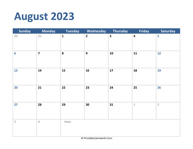 2023 august calendar with notes