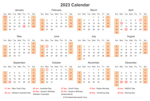 2023 calendar with australia holidays at bottom landscape layout