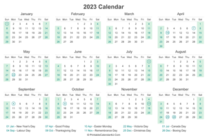 2023 calendar with canada holidays at bottom landscape layout