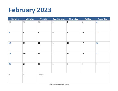2023 february calendar with notes