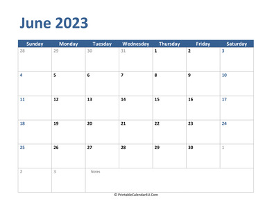 2023 june calendar with notes