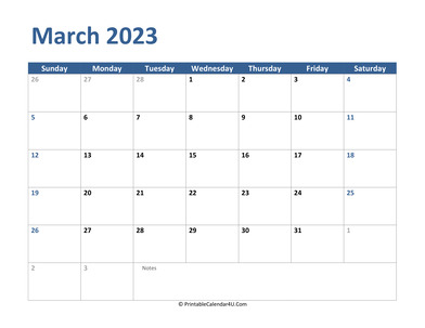 2023 march calendar with notes