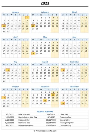 2023 portrait calendar with holidays