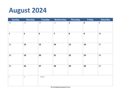 2024 august calendar with notes