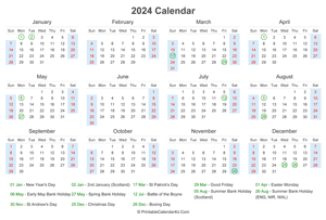 2024 calendar with uk bank holidays at bottom landscape layout