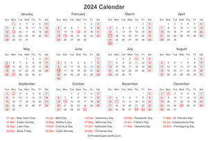 2024 calendar with us holidays at bottom landscape layout
