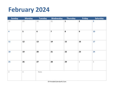 2024 february calendar with notes