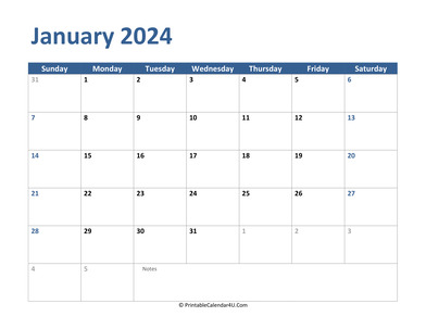 2024 january calendar with notes