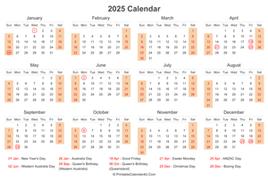 2025 calendar with australia holidays at bottom landscape layout