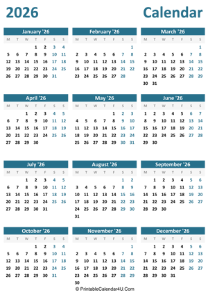 2026 calendar printable portrait layout