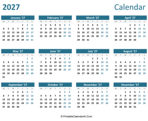 2027 calendar printable landscape layout
