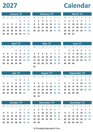 2027 calendar printable portrait layout