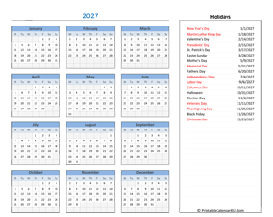 2027 printable calendar with holidays