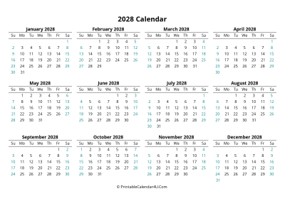 2028 calendar printable landscape layout
