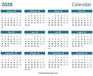 2028 calendar printable landscape layout